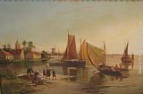 William Raymond Dommersen Canvas Paintings - Shore View with Figures by Boats